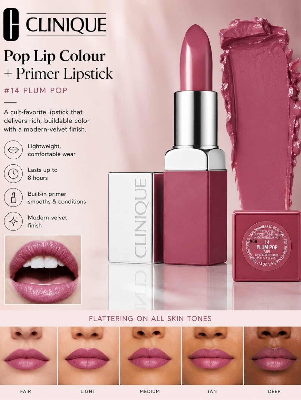 Clinique Pop Lip Colour + Primer Lipstick – #14 Plum Pop Deluxe Travel Size